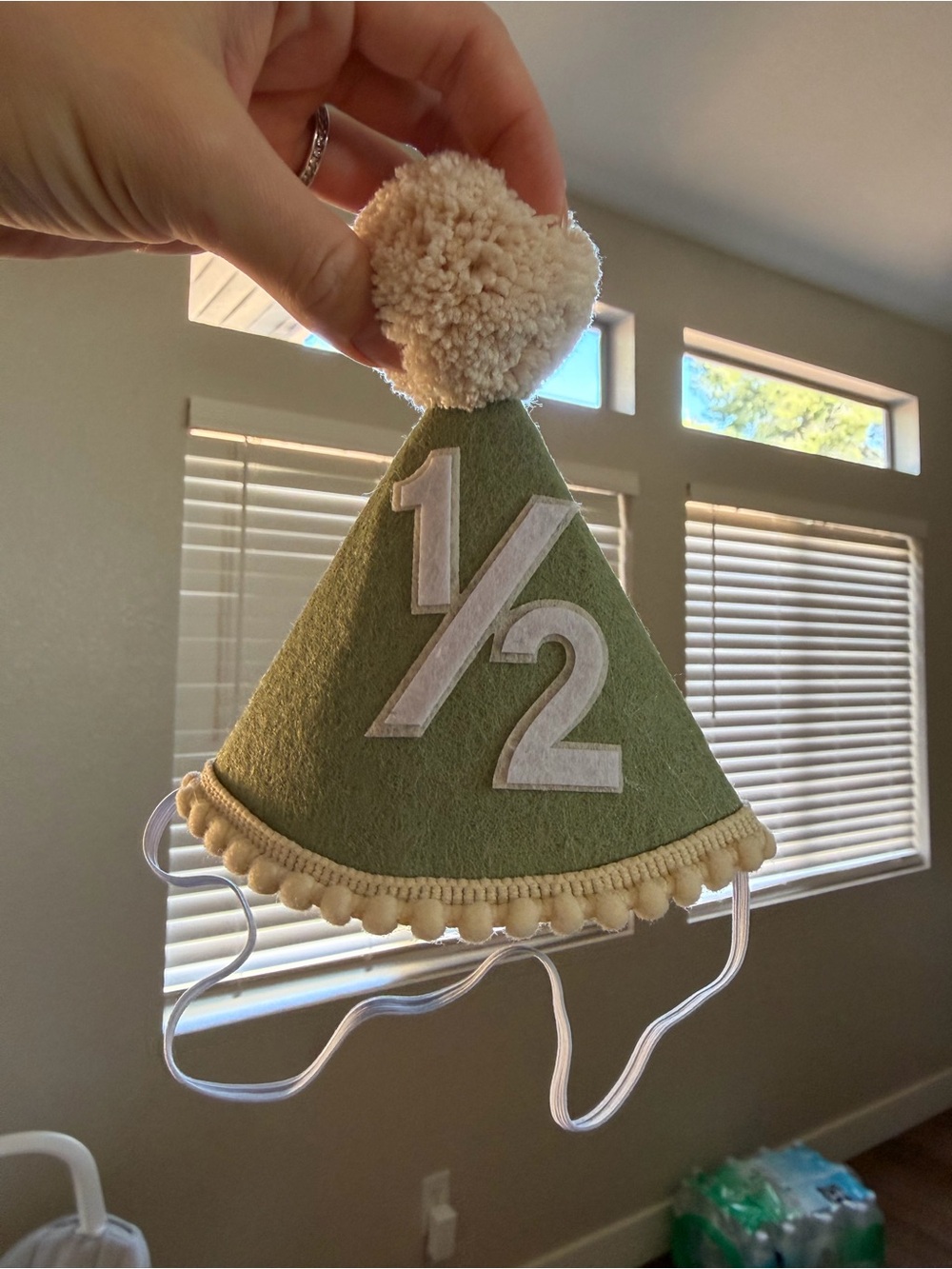 Half Birthday Party Hat - Sage Green Pom Pom